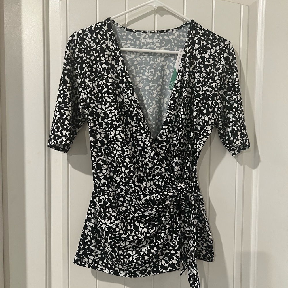 Lands' End Black and White Patterned Wrap Blouse